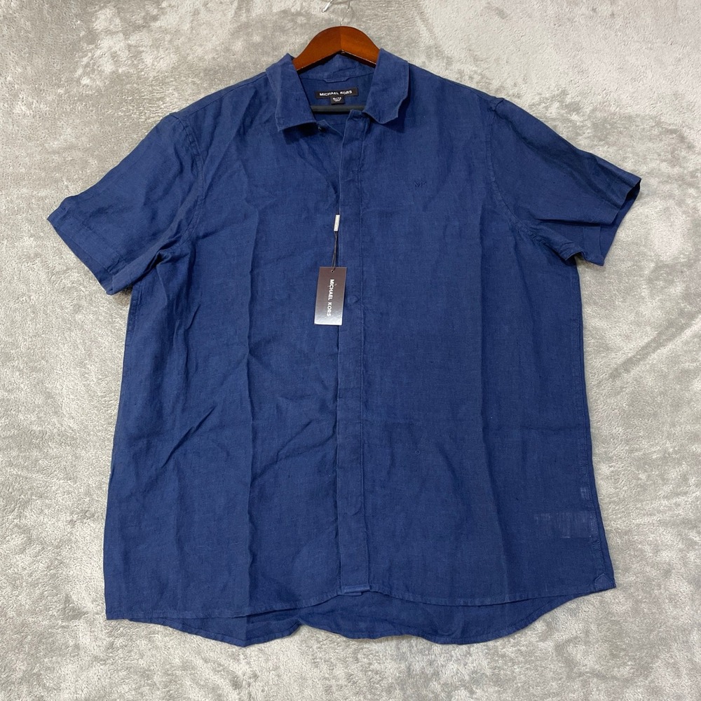 NWT Michael Kors 100% Linen Button up Shirt Men's XL Dark Midnight Blue Casual